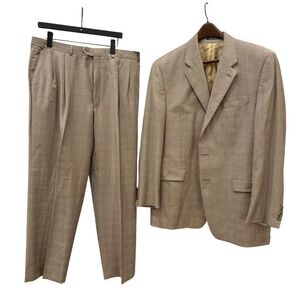 Mens Tan Glen Plaid 3 Button Suit Set Made in Canada Pleated Pants 42R 35x29
